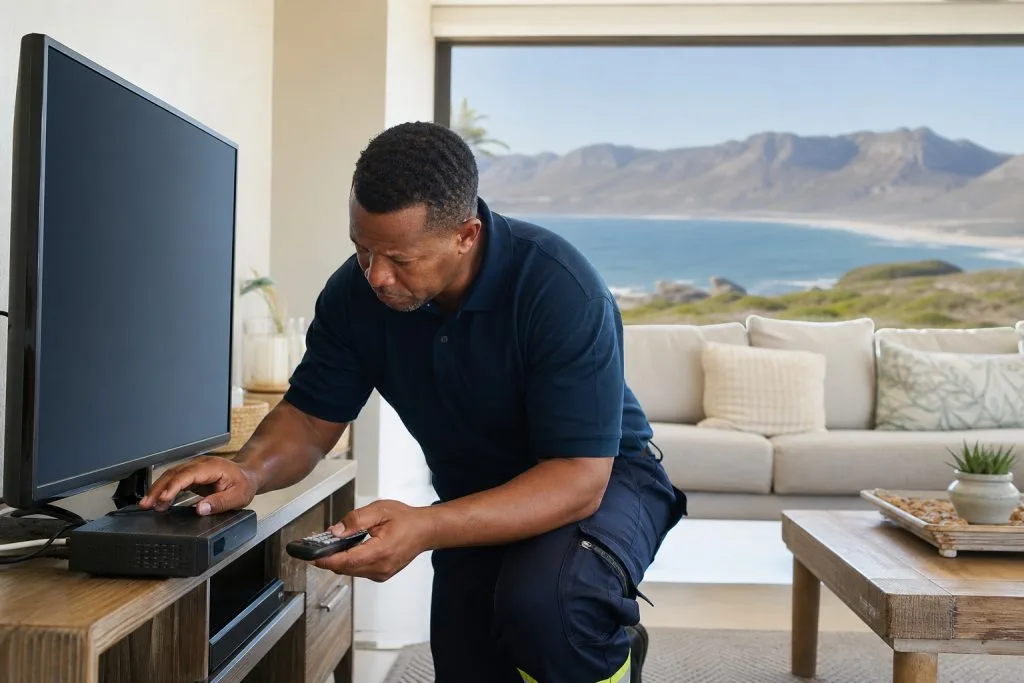 Technician troubleshooting a satellite decoder connected to a TV in a bright seaside home lounge with an ocean view, in a coastal Overberg town on Walker Bay