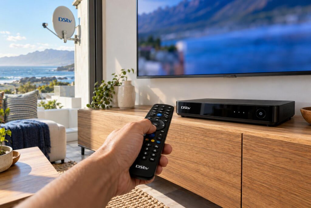 Opening the Tuner Status screen Homeowner using the remote to check DStv signal strength on an Explora