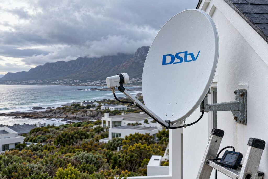 Coastal dish in winter weather DStv dish on a Voelklip holiday home facing Walker Bay wind and salt air