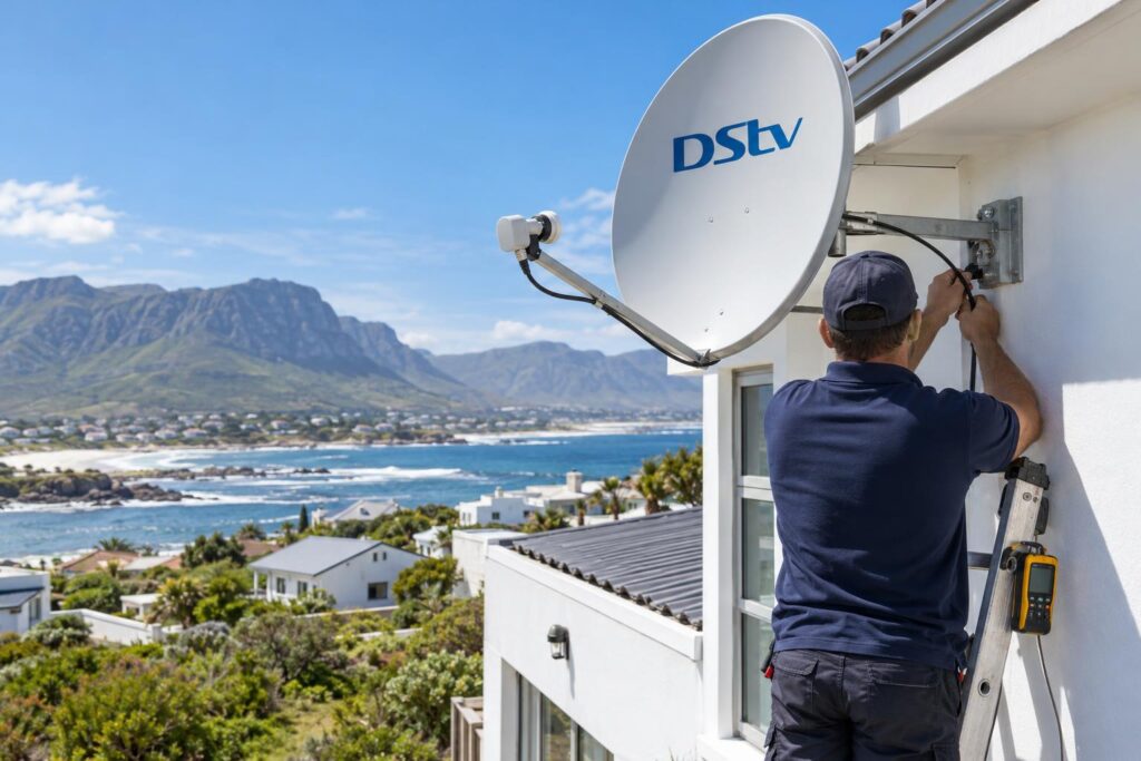 Dish alignment with a meter Technician aligning a DStv dish in Sandbaai after a low signal strength reading