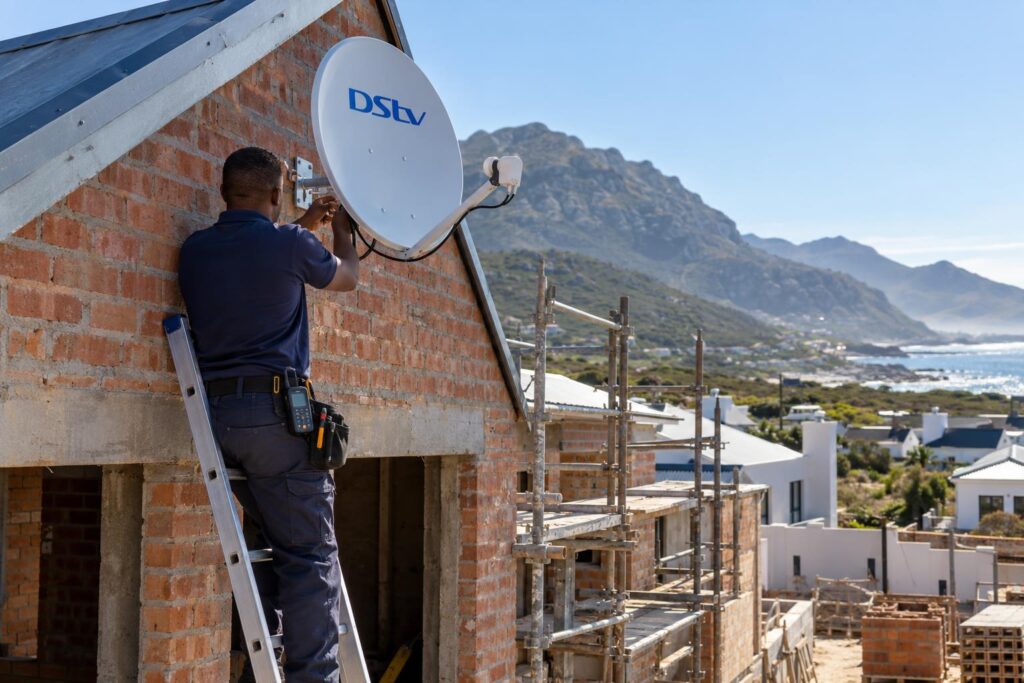Technician fitting a DStv dish to a new build in Hermanus before plastering
