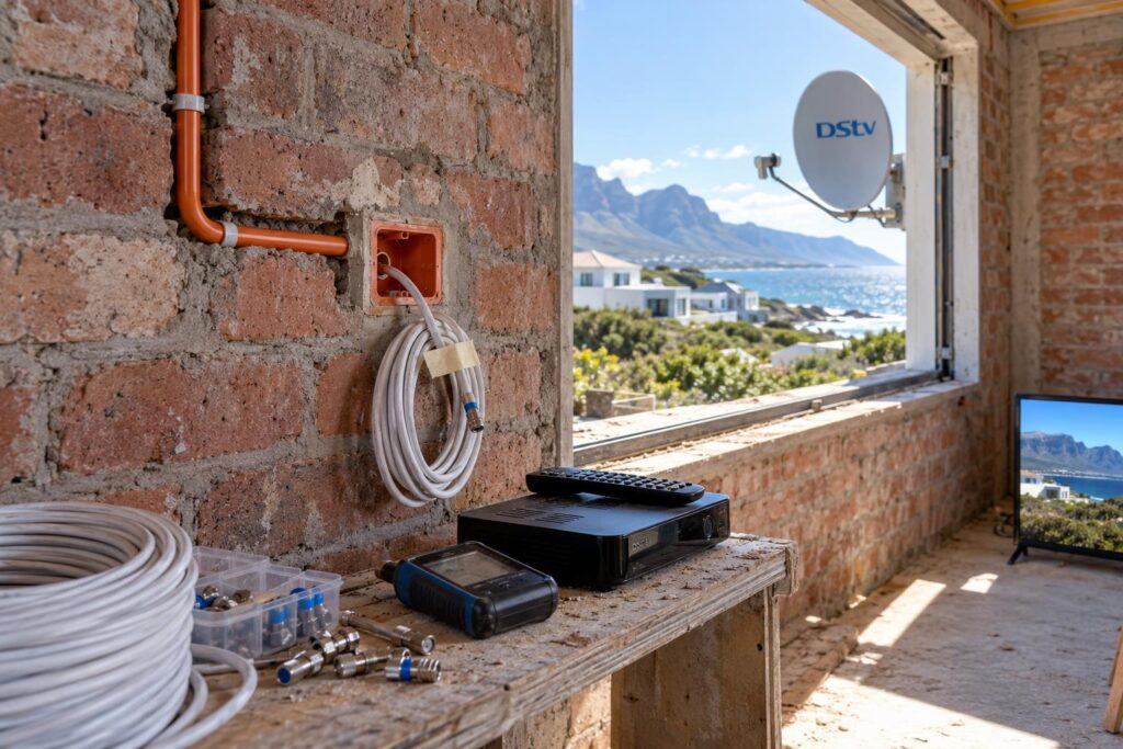 Conduit and RG6 at first fix DStv cabling new build Hermanus: conduit and RG6 cable at a TV point