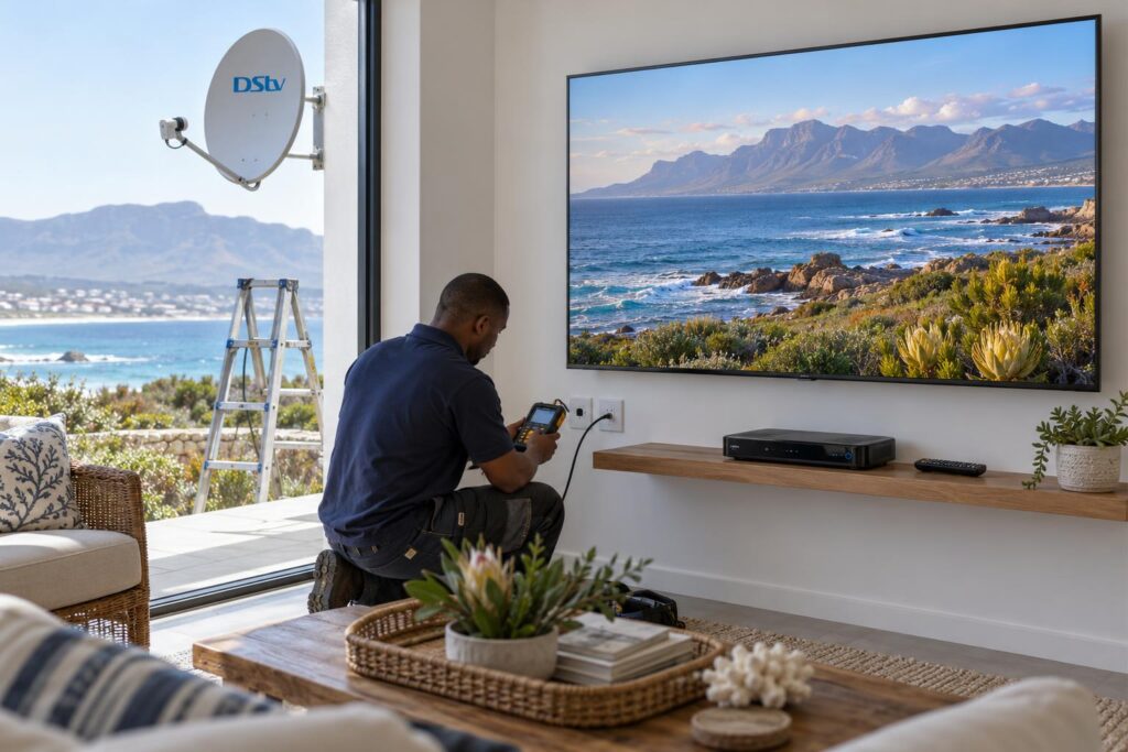 Finished lounge with hidden cabling Wall mounted TV and Explora decoder with hidden DStv cabling in a new home