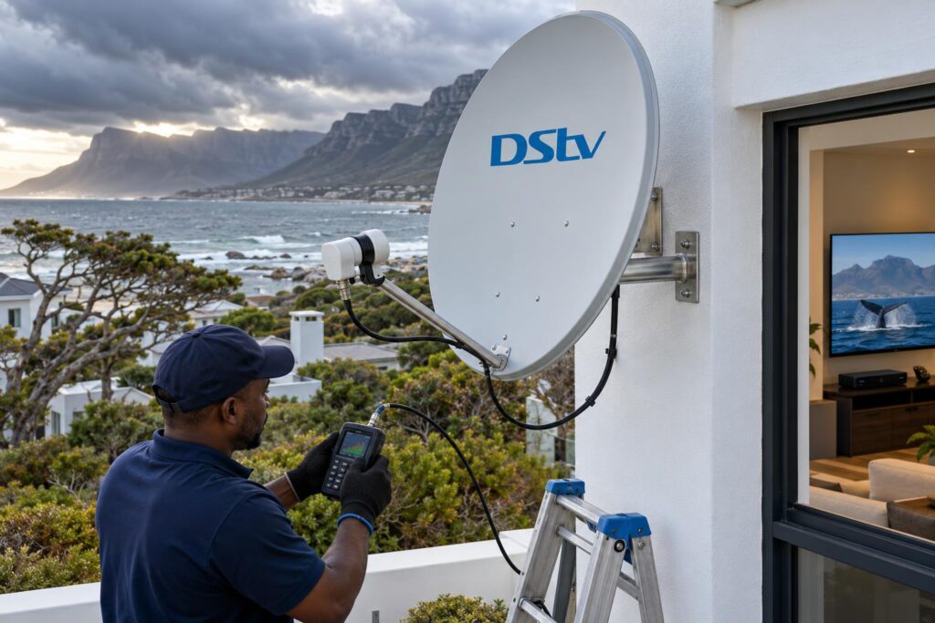 Sealed coastal dish install Coastal DStv dish with sealed cable entry on a new house in Hermanus