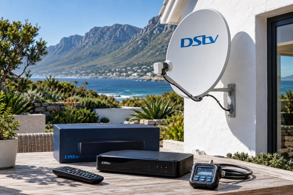 DStv decoder price Hermanus guide with dish on a coastal home wall