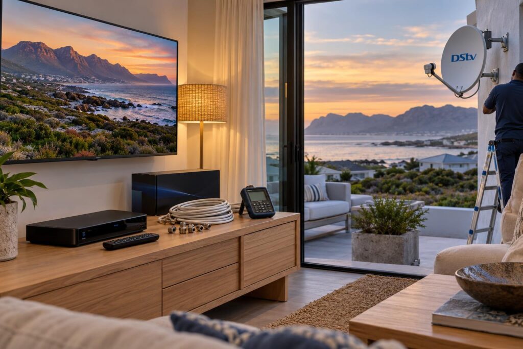 Friday decoder buy New DStv decoder and remote unboxed in a Hermanus holiday home lounge