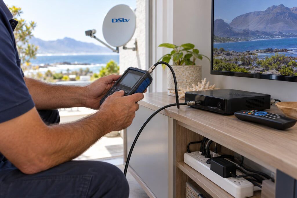 Signal test before handover Signal meter test on an Explora decoder after installation in Hermanus