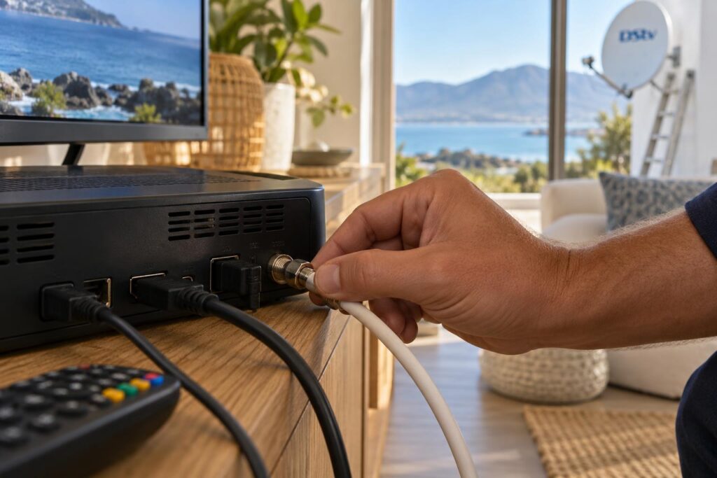 Three paths a surge can take Dish cable, HDMI and power leads on the back of a DStv decoder