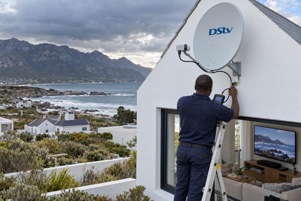 Checking the earth at the cable entry Technician checking DStv decoder surge protection earth at a Voelklip holiday home