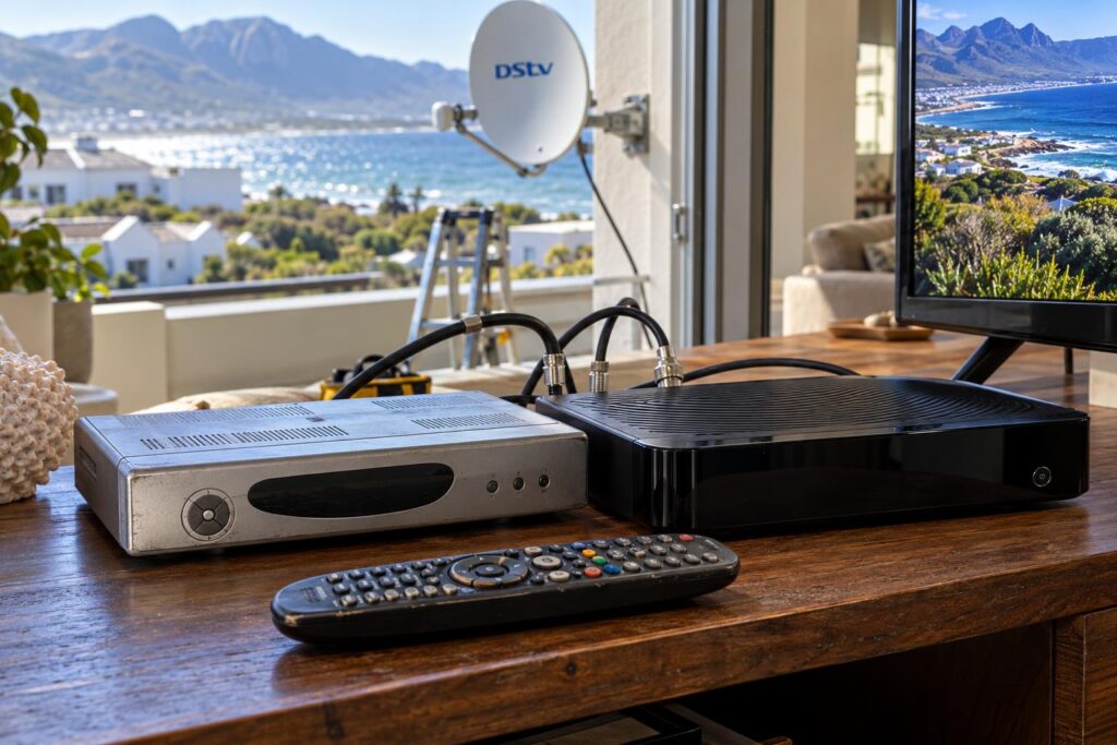 Old HD decoder vs Explora Old HD decoder beside an Explora, ready for a DStv decoder upgrade in Hermanus