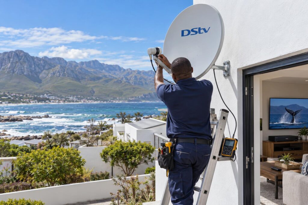 Fitting a Smart LNB Technician fitting a Smart LNB on a DStv dish in Hermanus