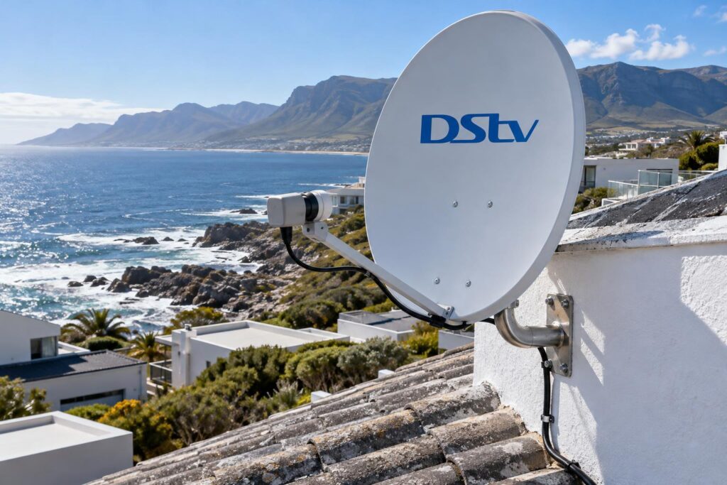 Coastal DStv dish in Hermanus Sealed DStv dish on a seaside roof near Walker Bay in Hermanus