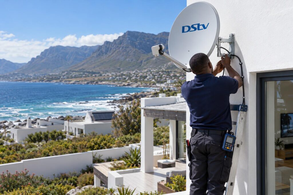 Technician doing a DStv Extra View setup in Hermanus on a coastal home roof
