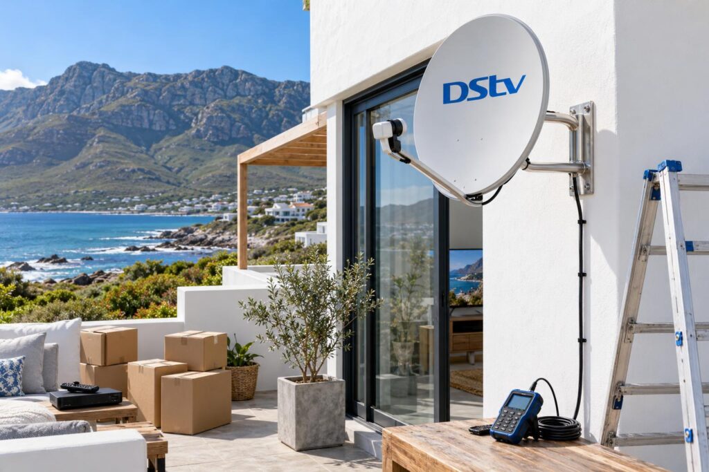 Moving DStv to Hermanus: newly mounted dish on a coastal house