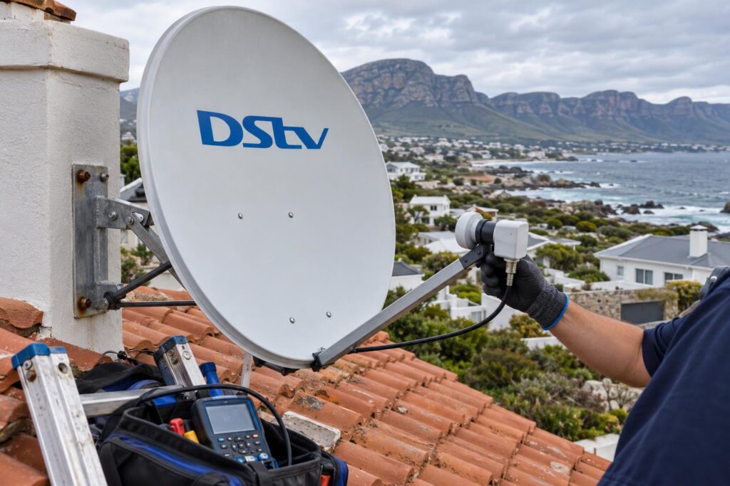 Technician checking the existing dish when moving DStv to Hermanus