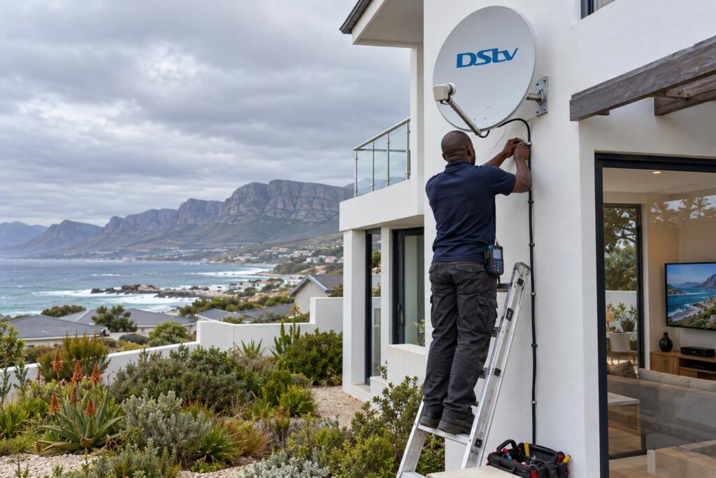 Installer running new coax cable to a DStv dish in Sandbaai