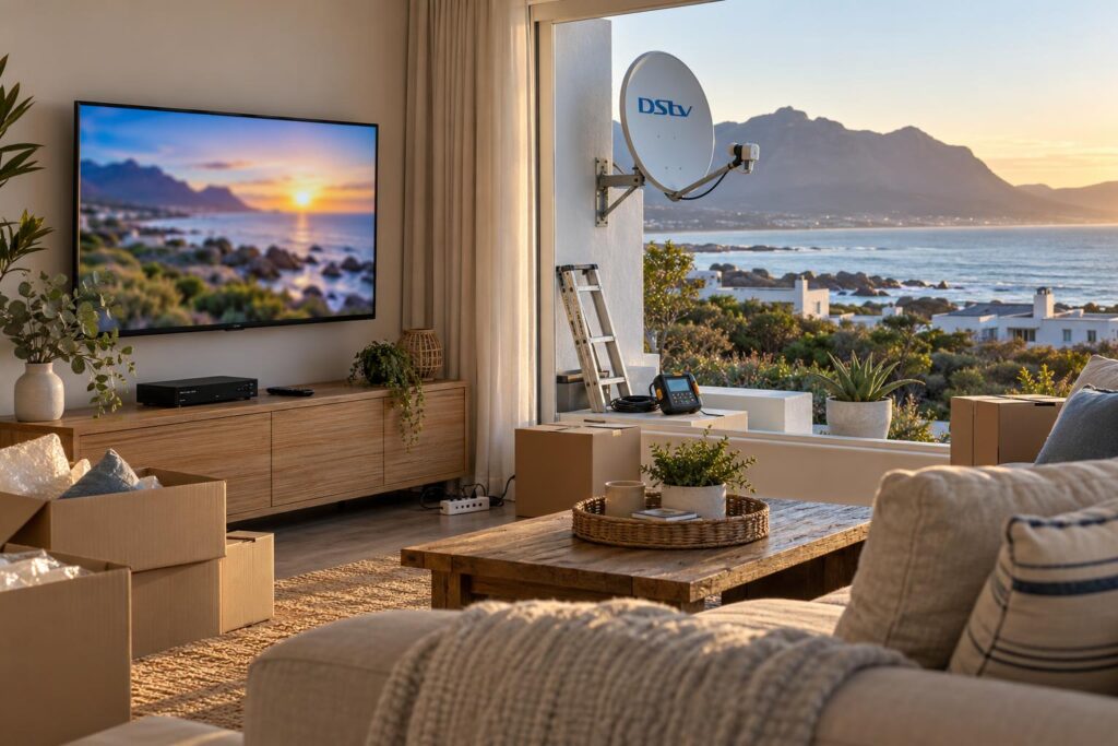 DStv Explora decoder set up in a new Hermanus lounge after moving