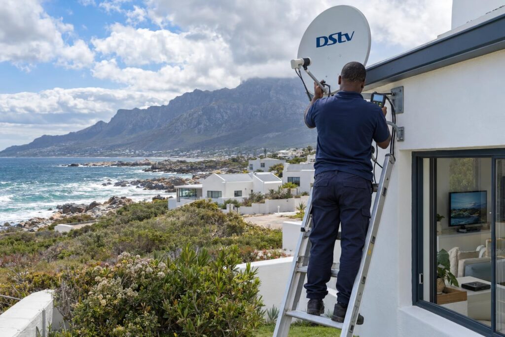Dish realignment in Sandbaai Local installer realigning a DStv dish with a signal meter in Sandbaai, Hermanus
