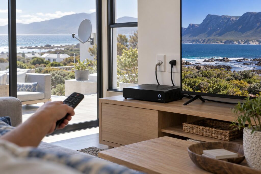 Homeowner preparing to reset DStv decoder in a Hermanus living room