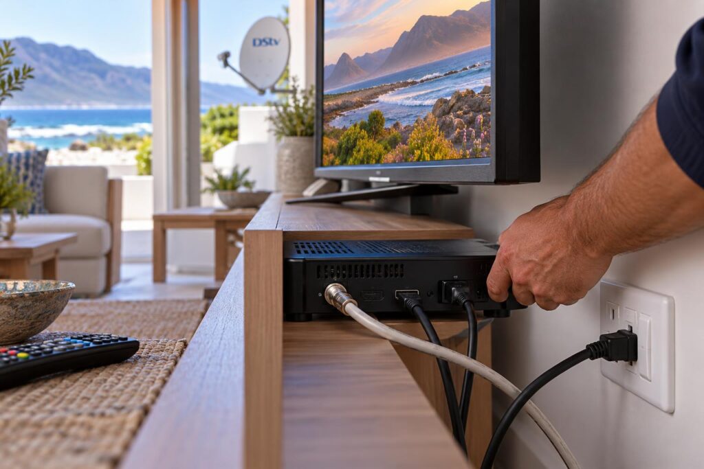 Power restart at the wall Switching a DStv decoder off at the wall plug for a power restart