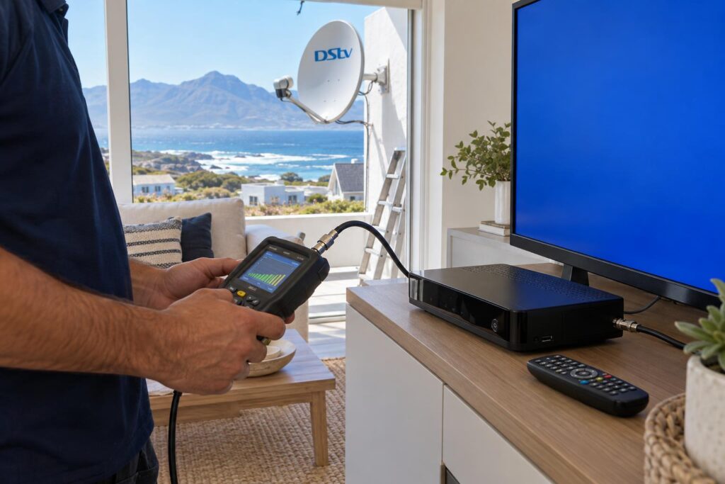 Signal test before resetting Technician testing signal before a reset DStv decoder job in Hermanus