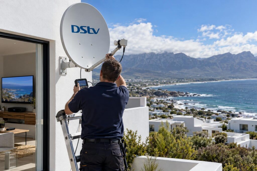 Wind-exposed DStv dish in Hermanus DStv dish on a windy Hermanus holiday home wall facing Walker Bay