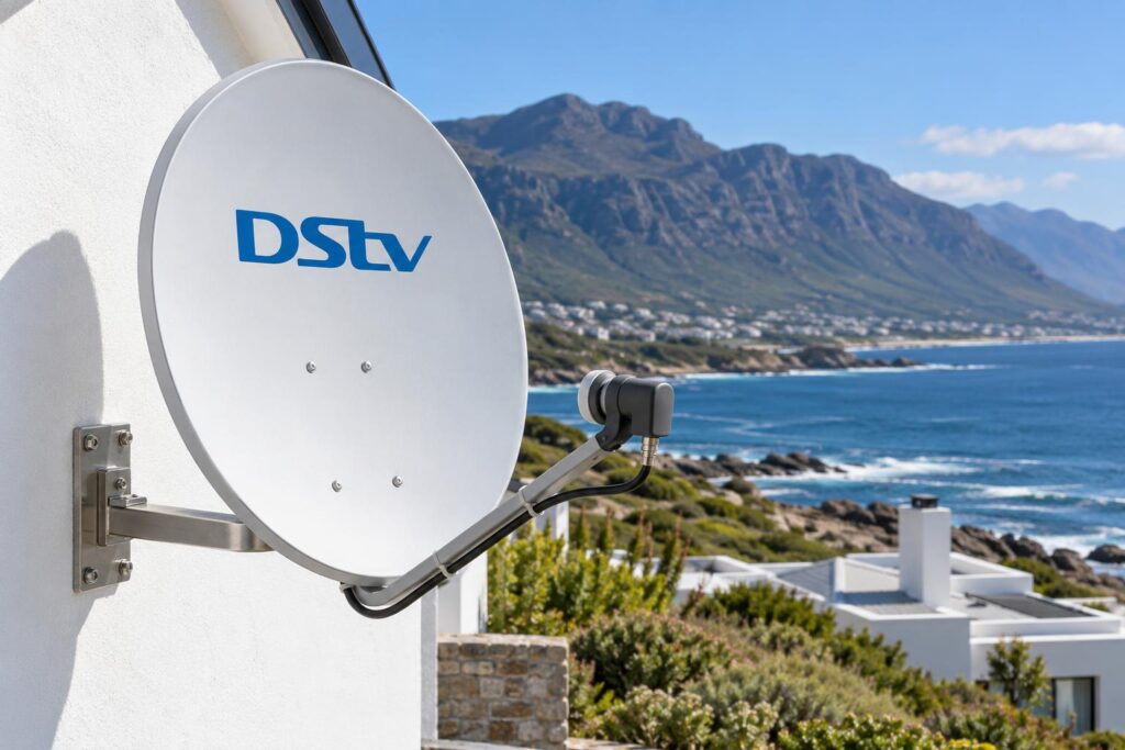 Smart LNB Hermanus dish with DStv logo on a coastal house wall