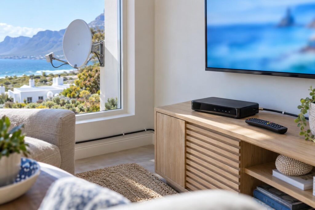 New DStv Explora decoder waiting for a smart LNB in a Hermanus lounge