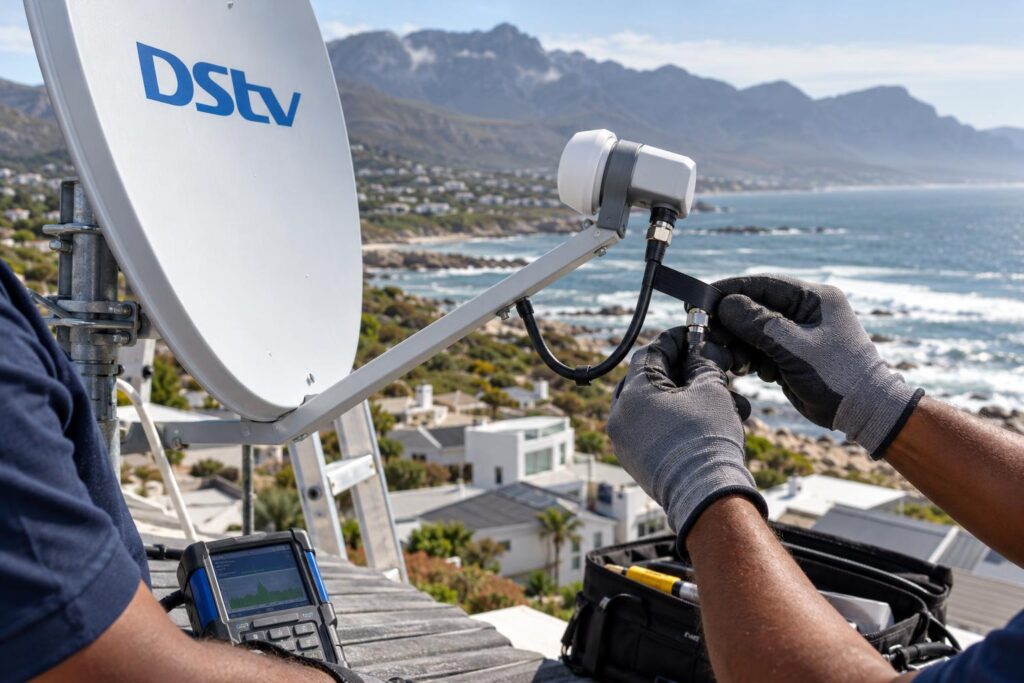 Technician sealing a smart LNB connector against salt air in Hermanus