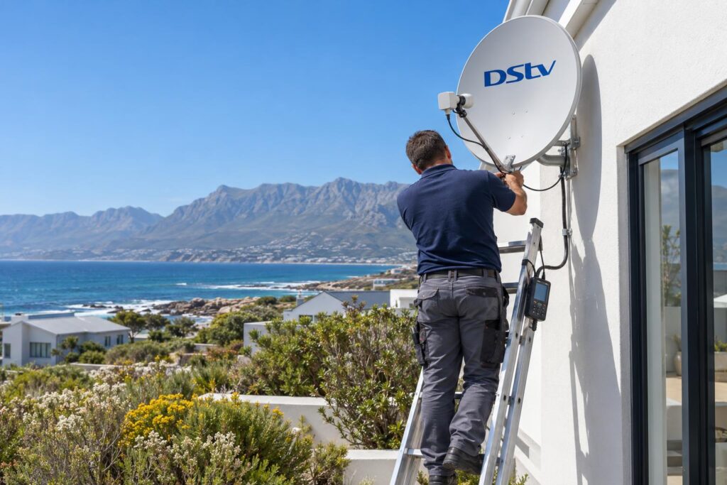 Installer aligning a dish after a smart LNB Hermanus upgrade with a signal meter